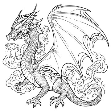 scaly dragon with wings, four legs, and a long tail, breathing fire, coloring book page style, vector, black lines outline white image.