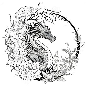 simple dragon image, doodle design surrounded by zen flowers, style of coloring book, vector lines, black and white