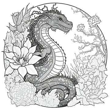 simple dragon image, doodle design surrounded by zen flowers, style of coloring book, vector lines, black and white