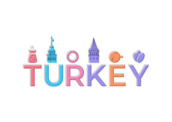 Fototapeta na wymiar turkish tea, maiden's tower, simit, galata tower, turkish coffee and tulip symbols. istanbul and istanbul symbols