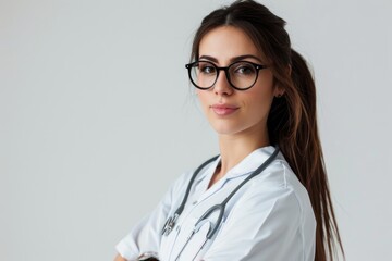 Urban chic portrait of a trendy female nurse, stylish and modern, white background