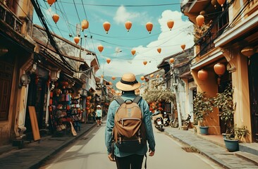 Solo Traveler Immersed in Traditional Vietnamese Town, Carrying Backpack with Wanderlust Spirit