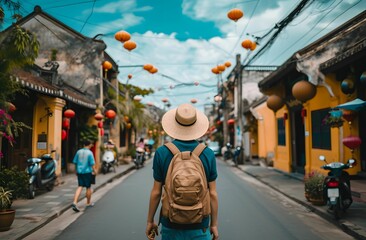 Solo Traveler Immersed in Traditional Vietnamese Town, Carrying Backpack with Wanderlust Spirit