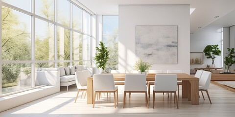 Contemporary white apartment with spacious dining room and seating near windows.