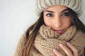 Winter style portrait of a Latino woman, cozy and fashionable, white background
