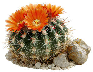 Cactus With Orange Flowers on White Background