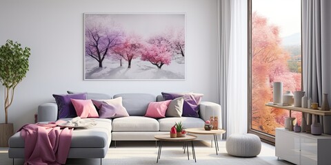 Real photo of white living room interior with a grey settee, green cushions, a purple blanket, coffee table with fruits, heather, posters on wall, and a window with white and dirty pink curtains.