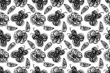 Doodle black outlines butterfly, flower, leaf. Botanical, natural, floral nature. Seamless vector pattern for design and decoration.