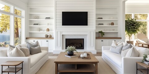 Stunning white farmhouse living room in new luxury home with wood floors, shiplap walls, fireplace, and TV built-in.