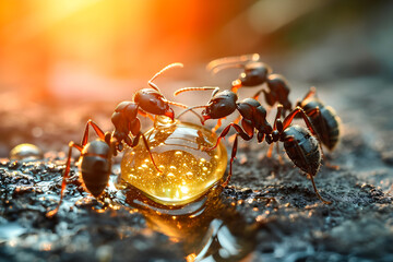 A depiction of black ants collectively feasting on a honey drop, symbolizing the concepts of teamwork, hard work, and unity. - obrazy, fototapety, plakaty