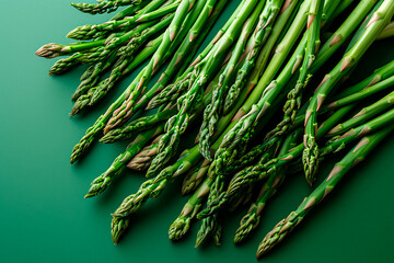 Top view of a pile of fresh asparagus on a green background, presented in a flat lay style. Representing healthy food.