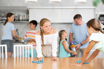 Teenage girls wash dining tables and help to do household chores, family day, work in kitchen