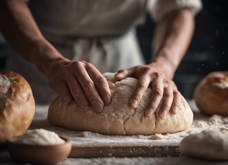Fototapeta premium Male hands kneading dough on table with flour, closeup