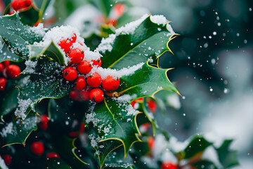 Outdoors, a cluster of holly berries with green leaves is coated in snow, embodying the traditional evergreen Christmas plant.