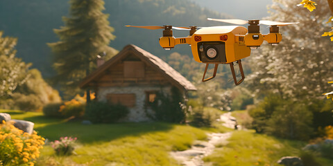 Uma imagem dinâmica de um drone de entrega no ar, transportando um pacote até o seu destino. A cena destaca a inovação e eficiência da tecnologia de drones na logística e comércio eletrônico - obrazy, fototapety, plakaty