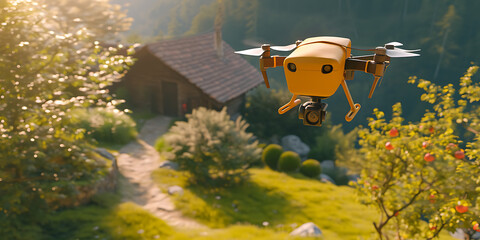 Uma imagem dinâmica de um drone de entrega no ar, transportando um pacote até o seu destino. A cena destaca a inovação e eficiência da tecnologia de drones na logística e comércio eletrônico - obrazy, fototapety, plakaty