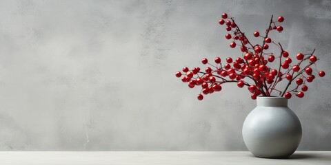 Minimal interior design concept: Red berries on branch, in glass vase, against concrete wall background.