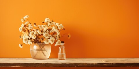 Simplistic interior decor with dried flowers in a glass vase on a wooden shelf by a vintage sink against an orange wall background.