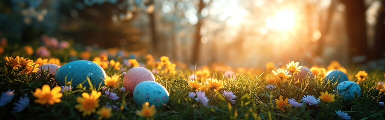 Colourful easter eggs in the green grass illuminated by sunlight at sunset. Easter decoration....