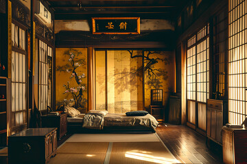 Background of a traditional upper-class Japanese-style room, exuding a vintage ambiance.