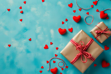 Fototapeta na wymiar Top view of a Valentine's or Mother's Day festive composition featuring gift boxes and red hearts on a pastel blue background. This flat lay creates an ideal greeting card.