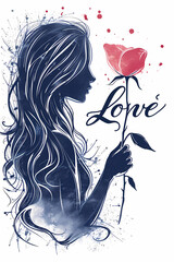illustration of a girl holding a hart shaped flower, young love, romance, Valentine's Day