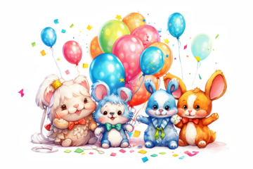 Cute cartoon baby animals with balloons and confetti. Illustration.