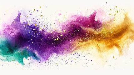 A painting of a purple and yellow cloud. Mardi Gras background with purple, green and golden colors on white. - obrazy, fototapety, plakaty