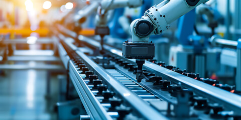 Robô industrial trabalhando ao lado de operadores humanos no chão de fábrica. A cena ilustra a sinergia entre automação e trabalho humano nos processos modernos de fabricação - obrazy, fototapety, plakaty