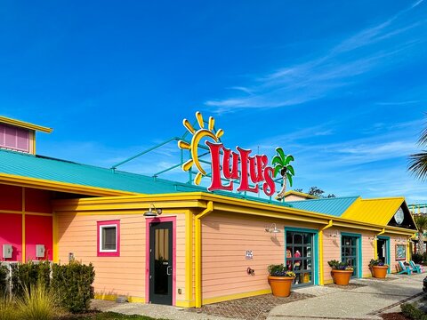 North Myrtle Beach, SC, US- January 7, 2024: Lulu’s located in the popular Barefoot Landing Complex, offers great food, good vibes, live music, and Intracoastal waterfront views. A family place