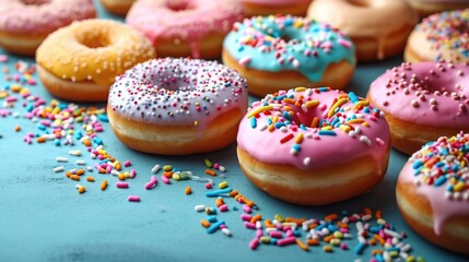 A bunch of doughnuts with sprinkles on a table.