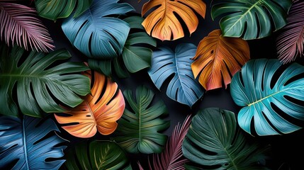 A bunch of different colored leaves on a black background. Colorful digital wallpaper, floral background.