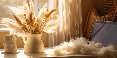 Boho-inspired office space with laptop, pampas grass bouquet, and sunlight casting shadows.