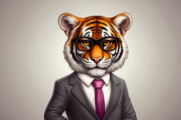 Cute tiger wearing glasses and a business suit boss comical