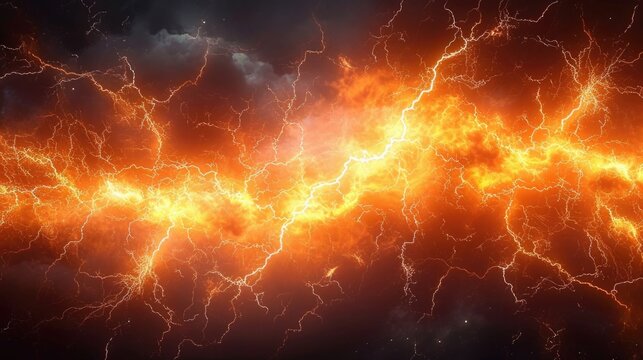 A picture of a lightning storm in the sky. Digital background, wallpaper, in orange and black.