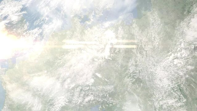 Zoom in from space and focus on Coswig, Germany. 3D Animation. Background for travel intro. Elements of this image furnished by NASA.