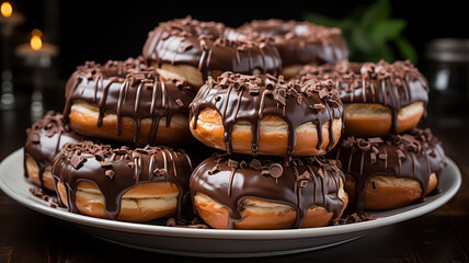 Obraz premium Chocolate drizzled donuts with almond bits