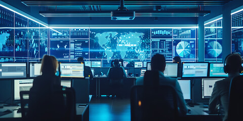 Centro de operações de cibersegurança, com profissionais monitorando telas em busca de ameaças potenciais e implementando medidas de segurança.
