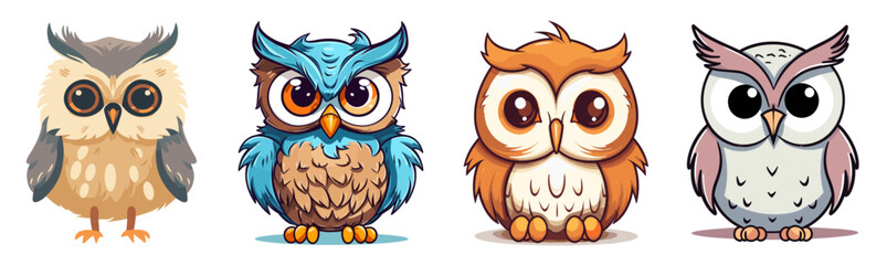 fantasy owl on white background, cartoon style illustration