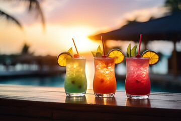Three glasses with cocktails on a bar counter by the sea. Beach holiday concept. Generated by artificial intelligence - obrazy, fototapety, plakaty