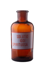 A bottle of iodine spirituous solution on a white background, isolated for medical and pharmaceutical purposes.
