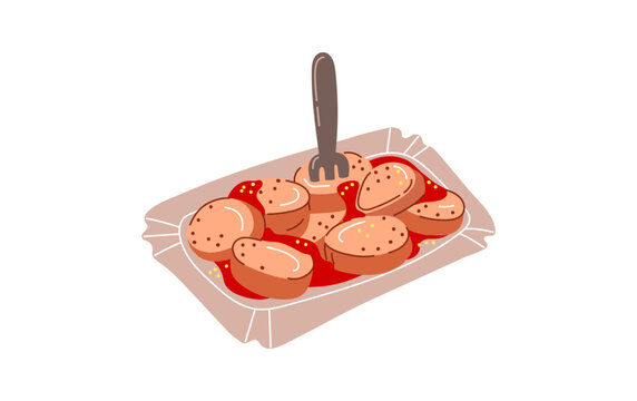 Currywurst german finger food with tomato sauce.Vector illustration 