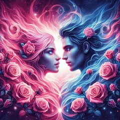 Twin flame couple. Soulmates. The concept of magical, esoteric, tantric, spiritual love. Connection between souls. Illustration for websites and much more. Created using generative ai tools.