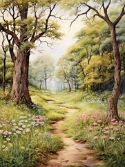 Naklejka premium Vintage Country Field Art Print: Forest Path, Rustic Landscape Painting