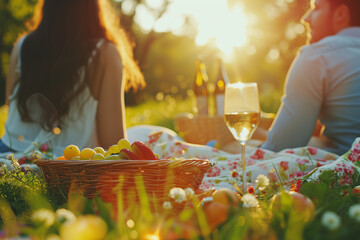 A couple enjoying a romantic sunset picnic in a backyard with food and drink