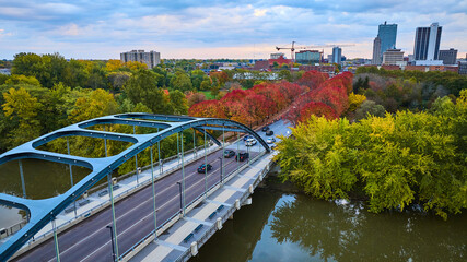 Aerial Autumn Bridge and Cityscape at Golden Hour, Fort Wayne