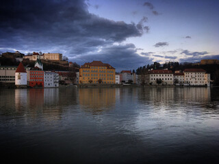 Fototapeta na wymiar View of the old town Passau across the Inn river, Bavaria, Germany, March 2019