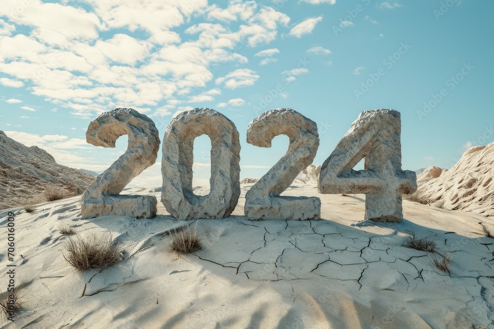 Poster numbers 2024 in the desert, concept of the hottest summer. background with selective focus and copy 