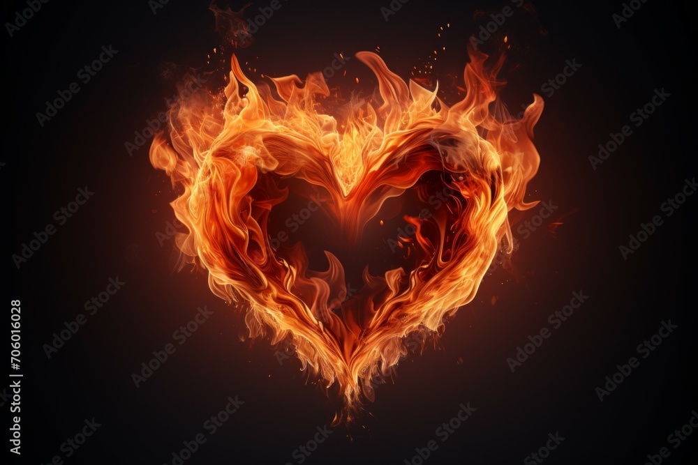 Poster fire flame in the shape of a heart. background with selective focus with copy space