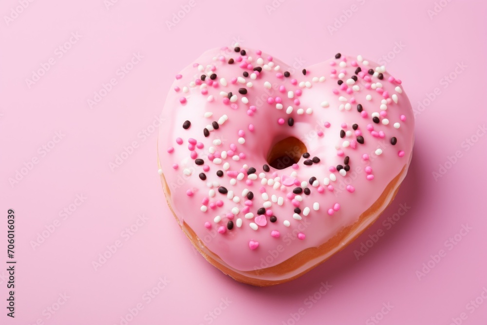 Poster donut in the shape of a heart. background with selective focus and copy space